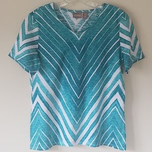 Chico's V-Neck Tee, Teal-Aqua/White, Sz 0 (XS- S)